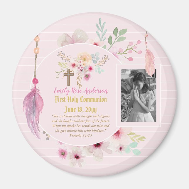 Erste Heilige Kommunion FOTO Gift Grils Pink Blume Magnet (Vorne)