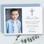 Erste Heilige Kommunion Foto Light Blue Dankeskarte<br><div class="desc">Elegante Erste Heilige Kommunion Dankeschön Karte mit Silberkreuz. Foto Front. Light Blue Script.</div>