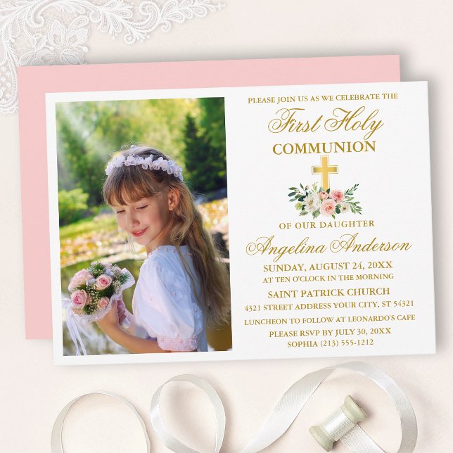Erste heilige Kommunion Gold Aquarellfarbe Rosa Bl Einladung (Customize to change text color, size, style or to change color of back of card.)