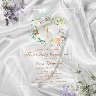 Erste heilige Kommunion Gold Cross Aquarell Floral Acryleinladungen