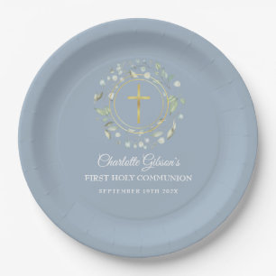 Erste Heilige Kommunion Gold Cross Green Blue Pappteller