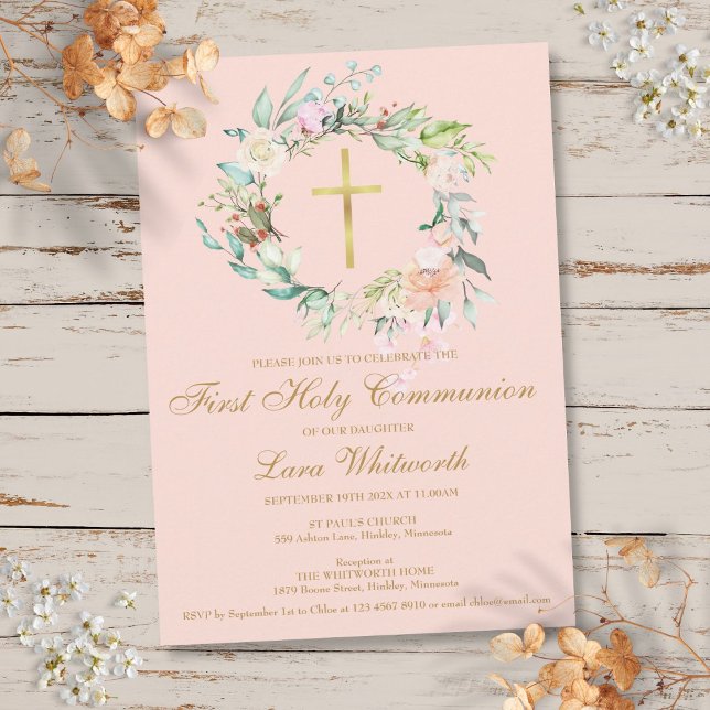Erste heilige Kommunion Gold Cross Rosa Rosa Blau Einladung (First Holy Communion Gold Cross Blush Pink Floral Invitation)