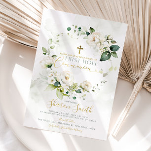 Erste heilige Kommunion Gold Cross Weiße Blüte Einladung