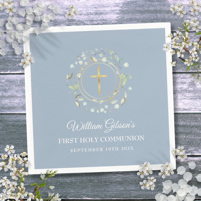 Erste heilige Kommunion Gold Greenery Dusty Blue Serviette (First Holy Communion Gold Greenery Dusty Blue Napkins)