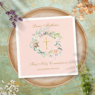 Erste heilige Kommunion Goldkreuz Floral Blush Ros Serviette