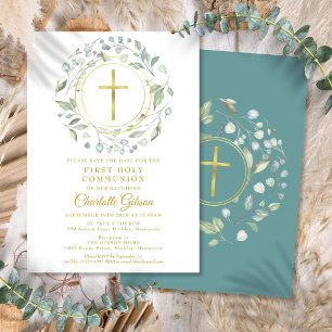 Erste Heilige Kommunion Grün Gold Kreuz Save The Date