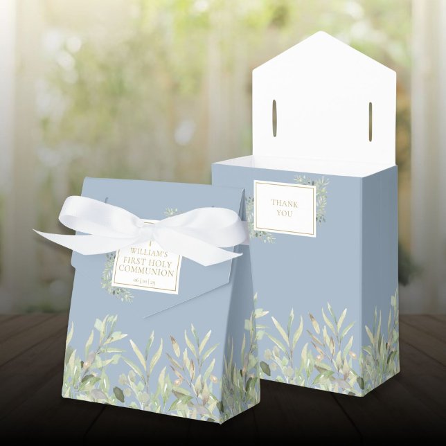 Erste Heilige Kommunion Grüne Foliage Blue Geschenkschachtel (First Holy Communion Greenery Foliage Blue Favor Boxes)