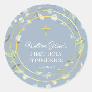 Erste heilige Kommunion Grünzeug Goldkreuz Blau Runder Aufkleber