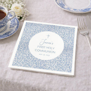 Erste heilige Kommunion Junge Blau-Weiß-Blumenmust Serviette