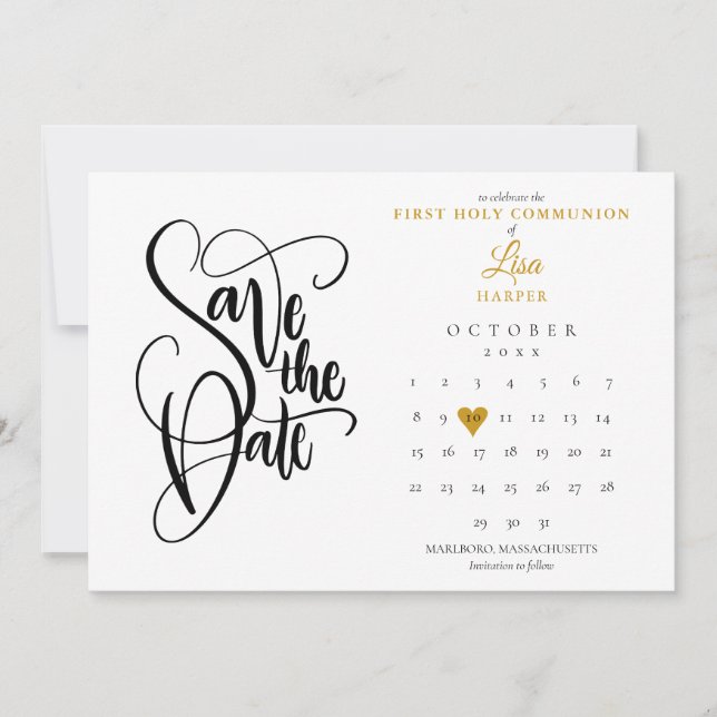 Erste Heilige Kommunion Kalender Gold Herz Save The Date (Vorderseite)
