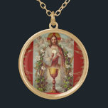 Erste Heilige Kommunion Katholische Jesus Engel Vergoldete Kette<br><div class="desc">Dies ist ein wunderschönes,  traditionelles katholisches Bild von Jesus,  das dem Gastgeber die Kalice,  Blume und einen roten Hintergrund bietet.</div>