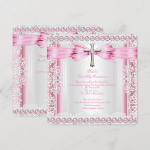 Erste heilige Kommunion Kreuz Mädchen Hübsch Rosa Einladung