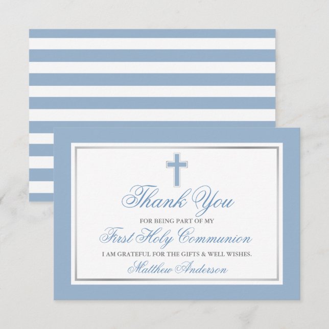 Erste heilige Kommunion Light Blue Silver Streifen Dankeskarte (Vorne/Hinten)