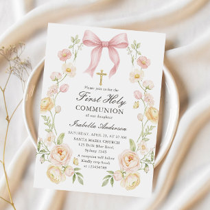 Erste heilige Kommunion Mädchen Rosa Blumenband Einladung