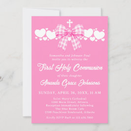 Erste heilige Kommunion Mädchen Rosa Gingham-Schle Einladung