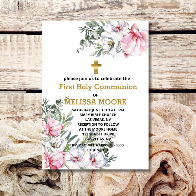 Erste heilige Kommunion magnolia rosa weiße Blume Einladung (Von Creator hochgeladen)
