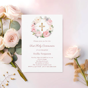 Erste Heilige Kommunion mit rosa floralen Motiven Einladung