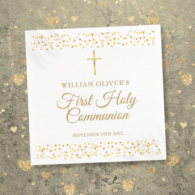 Erste heilige Kommunion Moderne Goldene Herzen Serviette (First Holy Communion Modern Gold Hearts Napkins)