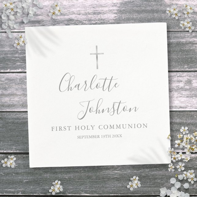 Erste heilige Kommunion Moderne Silbersignatur Serviette (First Holy Communion Modern Silver Signature Napkins)