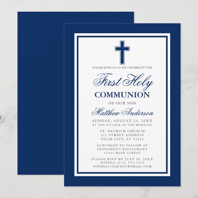 Erste Heilige Kommunion Navy Blue Silver Einladung (Vorne/Hinten)