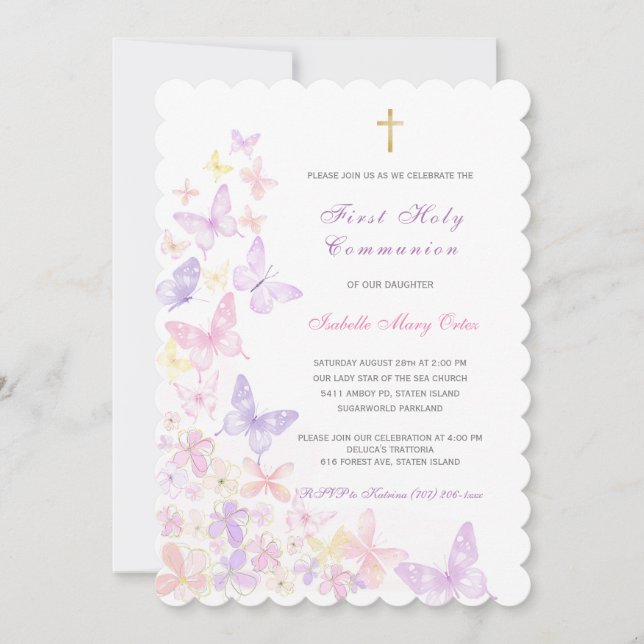 Erste Heilige Kommunion Pink Butterfly Girl Einladung (Vorderseite)