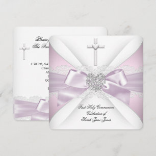 Erste heilige Kommunion Pink Weiß Silber Herz Mädc Einladung