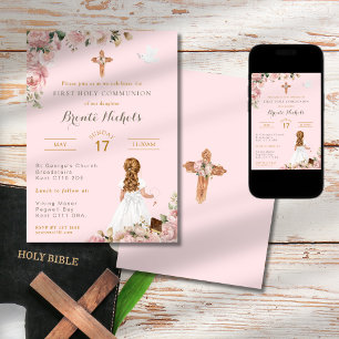 Erste Heilige Kommunion Religiöse Pink Girl Einladung