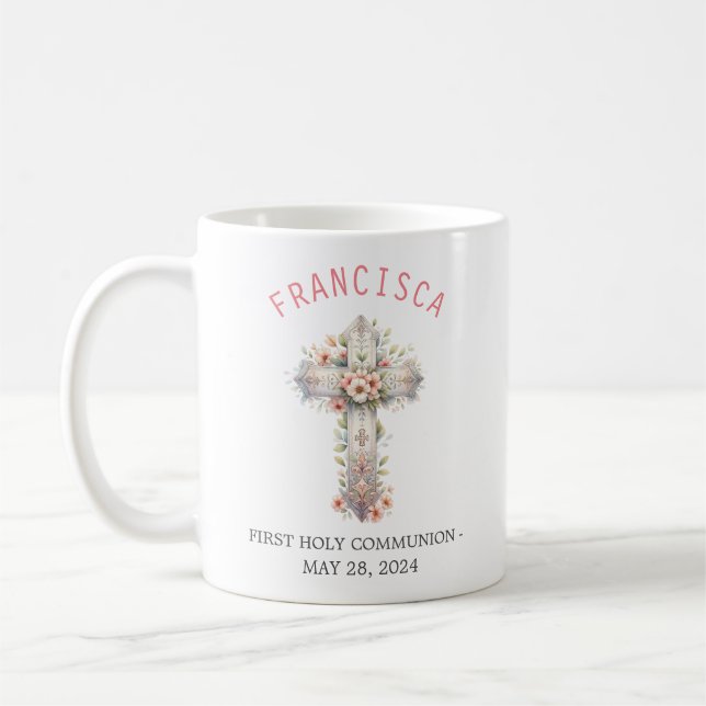 Erste Heilige Kommunion Rosa Blumenkreuz Kaffeetasse (Links)