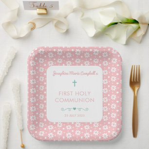 Erste Heilige Kommunion Rosa Blumenmädchen Religiö Pappteller