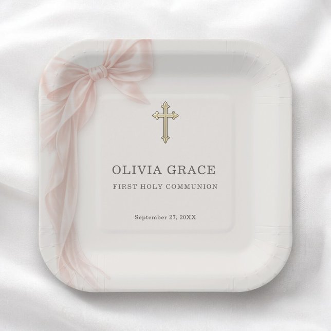 Erste heilige Kommunion Rosa Coquette-Band Mädchen Pappteller (Von Creator hochgeladen)