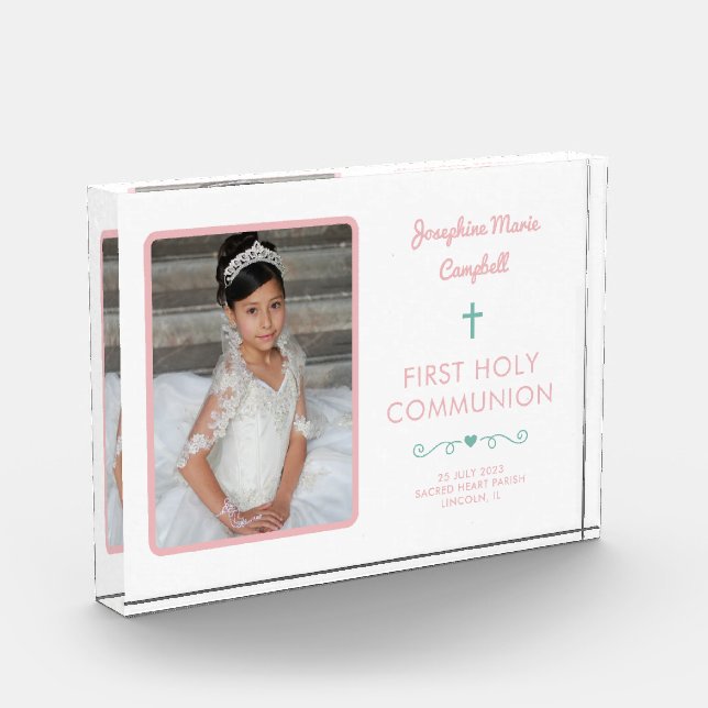 Erste Heilige Kommunion Rosa Mädchen Religiöse Kee Fotoblock (Links)