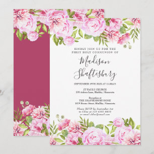 Erste Heilige Kommunion Rosa Rose Floral Einladung