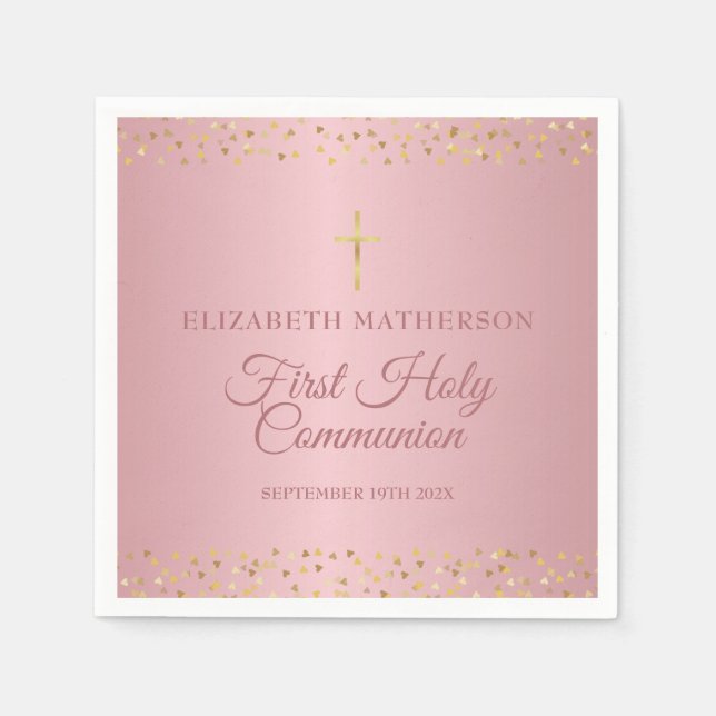 Erste heilige Kommunion Rose Goldene Herzen Serviette (Vorderseite)