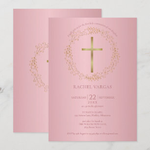 Erste heilige Kommunion Roségold Kreuz floral Einladung