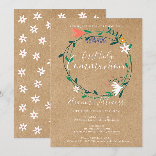 Erste Heilige Kommunion Rustikale Moderne Blüte Einladung (Vorne/Hinten)