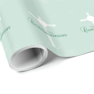 Erste Heilige Kommunion, Schrift in sanftem Grün Geschenkpapier