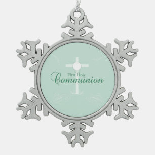 Erste heilige Kommunion, Schrift in sanftem Grün Schneeflocken Zinn-Ornament