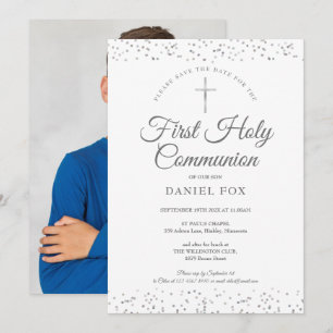 Erste heilige Kommunion Silber Stardust Foto Save The Date