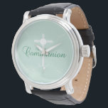 Erste heilige Kommunion, Skript in Soft Green Armbanduhr<br><div class="desc">Dieses weiche grüne Geschenk, Souvenir und Geschenk ist gut, um den jungen Jungen oder Mädchen zu ihrer ersten heiligen Kommunion gratulieren.</div>