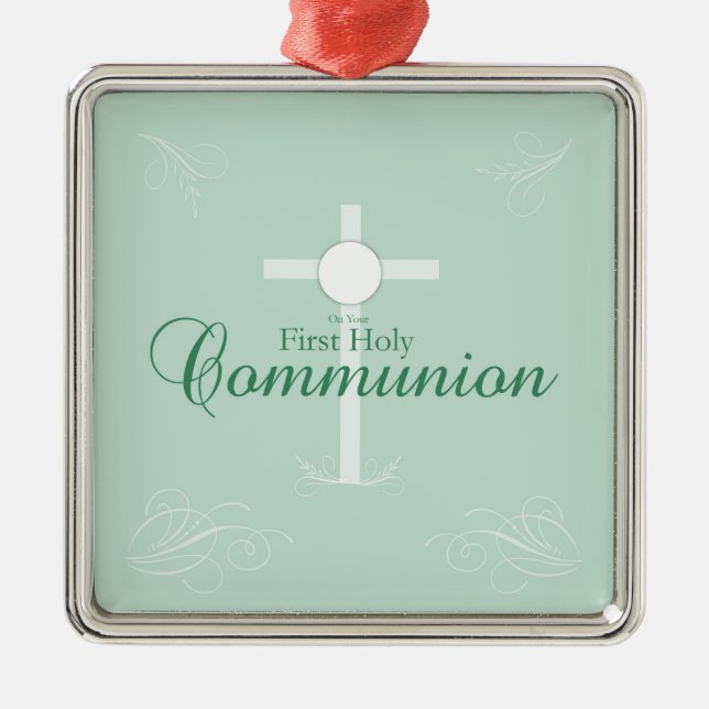 Erste heilige Kommunion, Skript in Soft Green Ornament Aus Metall (Vorne)