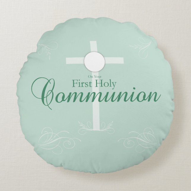 Erste heilige Kommunion, Skript in Soft Green Rundes Kissen (Vorderseite)