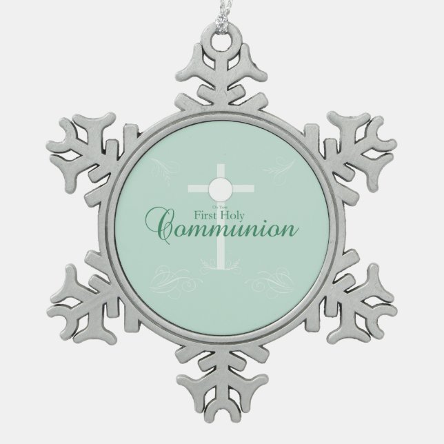 Erste heilige Kommunion, Skript in Soft Green Schneeflocken Zinn-Ornament (Vorderseite)