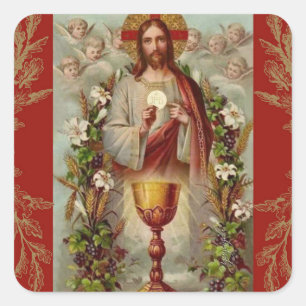 Erste heilige Kommunions-Jesuschalice-Blumen Quadratischer Aufkleber