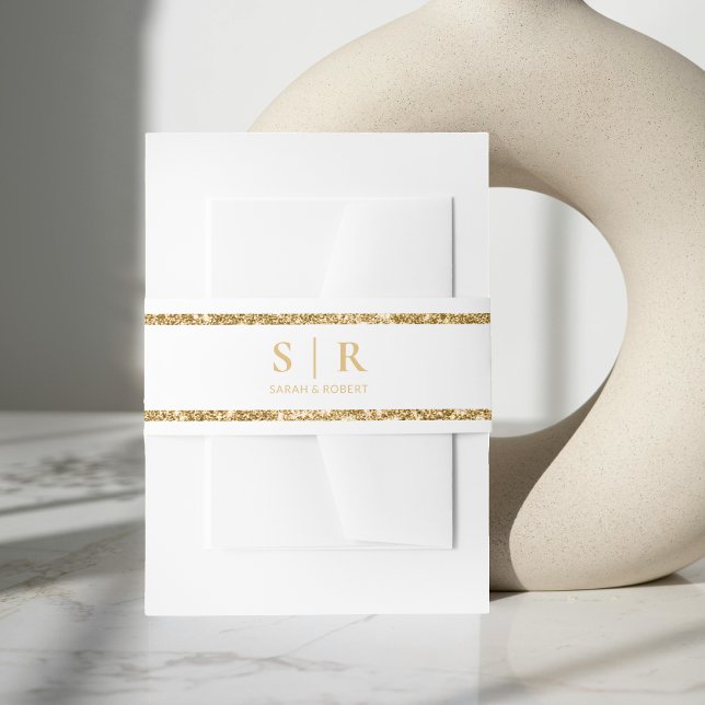 Erste Hochzeit von White & Gold Glitzer Monogram Einladungsbanderole (White & Gold Glitter Monogram Initial Wedding Invitation Belly Band)