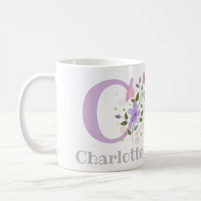 Erste Initiale plus Name Charlotte mit Blumen Kaffeetasse (Links)