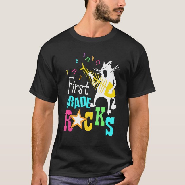 Erste Klasse Rocks 1. Klasse Katze Spielleitung T-Shirt (Vorderseite)