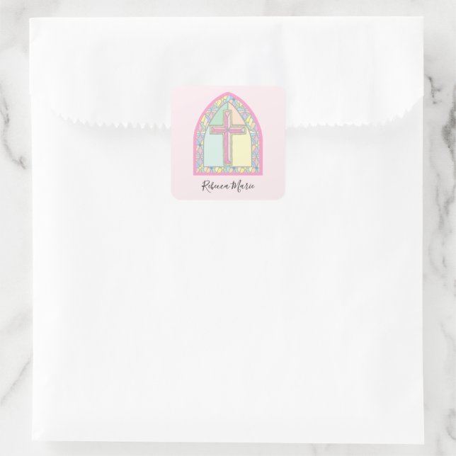 Erste Kommune aus rosa gefestigtem Glas Quadratischer Aufkleber (Tasche)