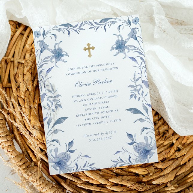 Erste Kommune Blau und Weiße Flora Chinoiserie Einladung (Von Creator hochgeladen)
