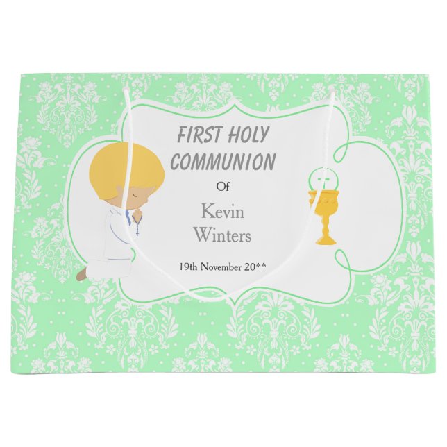 Erste Kommune Blonde Boy Green Damask Große Geschenktüte (Vorderseite)