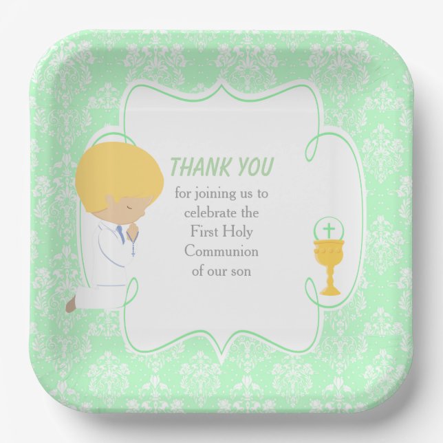 Erste Kommune Blonde Boy Green Damask Pappteller (Vorderseite)
